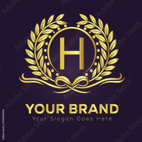 Golden laurel wreath award emblem with shield, H vintage vector illustration of a royal crest design