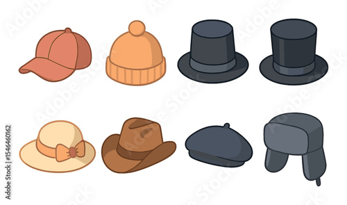 Diverse hat collection icons set – silhouette, headwear and cap designs