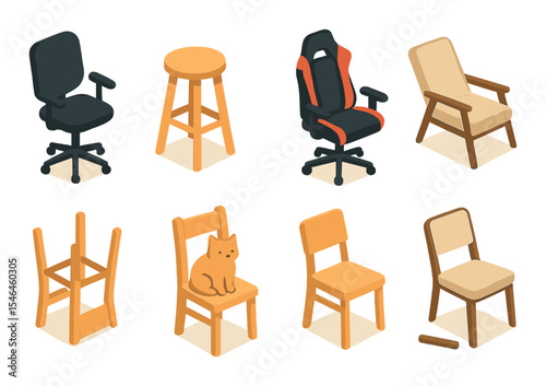 Diverse chair icons set – flat, seating, furniture arrangement symbols