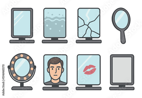 Mirror icons set – outline, diverse reflection and glass design symbols