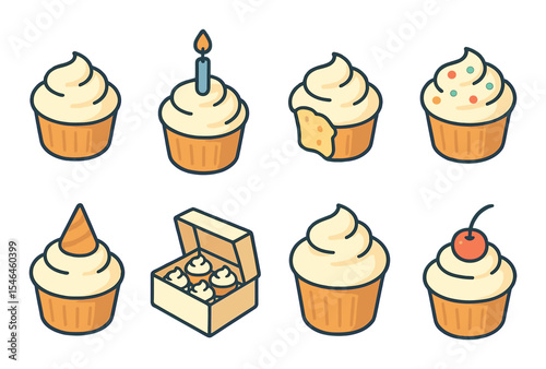 Cupcake delight icons set – outline, bakery and sweet treat symbols for all occasions