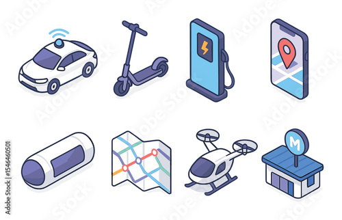 Futuristic transport icons set – 3d style, modern and innovative travel symbols