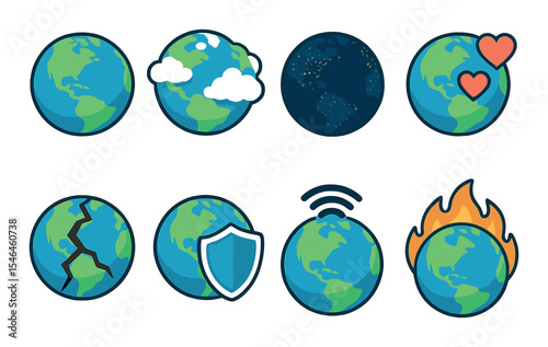 Earth and environment icons set – outline, planet and eco-friendly symbols