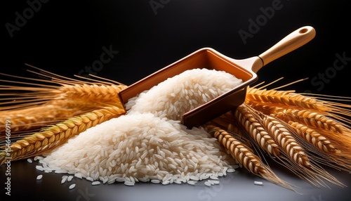 close up of delicate rice grains with a dustpan and wheat in the middle ground shot against a black background this high quality image is perfect for food ads and grain