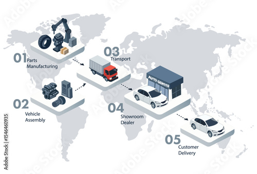 Infographic illustrating the automotive supply chain: parts manufacturing, vehicle assembly, transportation, showroom sales, and customer delivery.