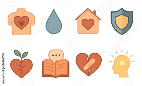 Healing and wellness icons set – flat, health and recovery symbols