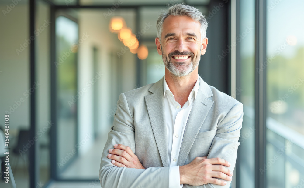 A happy man businessman manager with his arms crossed over his chest in a glass office building A happy man businessman manager with his arms crossed over his chest in a glass office building
