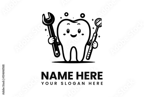 A smiling tooth character holding dental tools, ready for oral care.