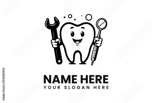 A smiling tooth character holding a wrench and a dental mirror, ready for work.