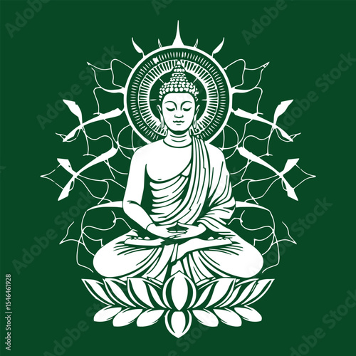 Buddha sitting pose with abstract aura design concept vector illustration.