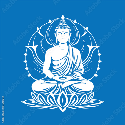 Buddha sitting pose with abstract aura design concept vector illustration.