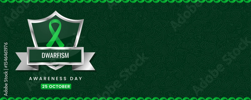 Vibrant Dwarfism Awareness Day Banner with Green Ribbon on Shield, Featuring Swirl Pattern Background for October 25 Health Campaigns and Charity Events.