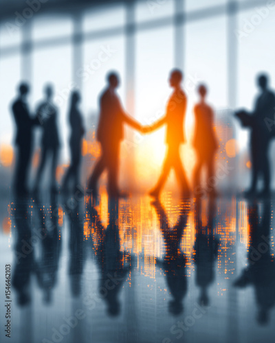 Blurred silhouettes of business people shaking hands in a modern office space