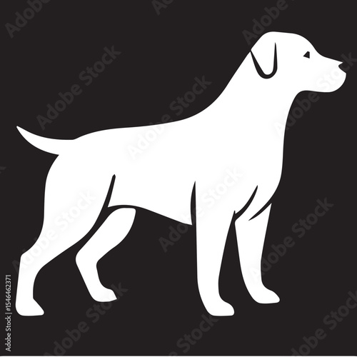 A white vector silhouette of a standing dog in profile, on a black background.
