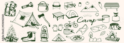 Hand-drawn travel and camping icons set in monochrome style