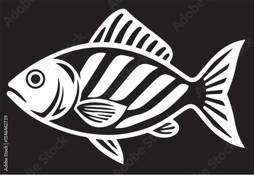 A white vector illustration of a fish with prominent stripes, fins, and a tail, depicted in profile on a black background.