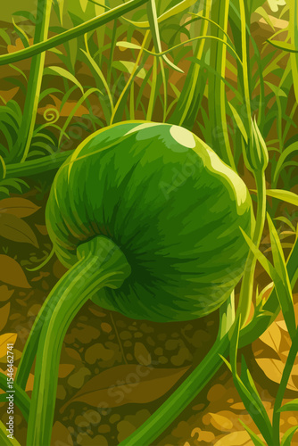 This is a digitally illustrated image showing a young green pumpkin growing on the vine. The pumpkin is still developing, with a vibrant green color and a smooth surface. It rests on the soil, surroun