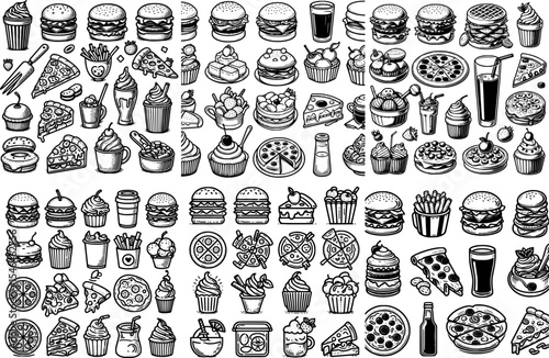 set of minimalist line art of burgers, pizza, and desserts in black and white