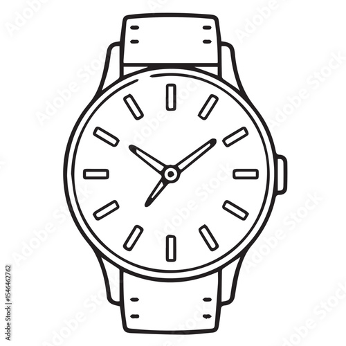 A simple black outline drawing of a classic wristwatch with a round face, hour and minute hands, and a strap.