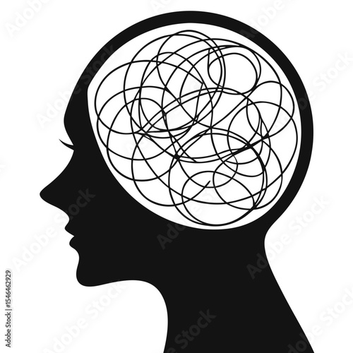 Isolated Silhouette of a head with chaotic scribble inside, symbolising confusion, stress, and mental clutter.