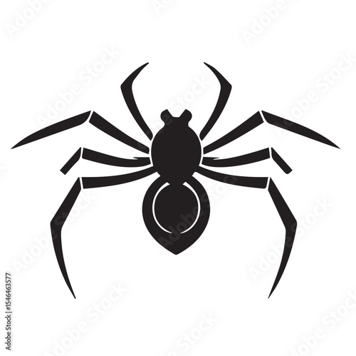A black vector illustration of a spider with eight segmented legs and a segmented body.