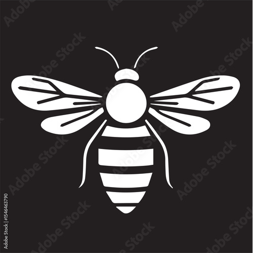 A white vector illustration of a bee with a striped abdomen, detailed wings, and antennae, on a black background.