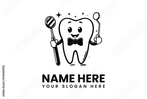 Cartoon tooth character with bowtie holding dental tools, smiling on a white background.