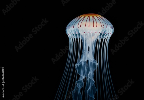 A vibrant jellyfish with glowing tentacles gracefully floats against a dark background, showcasing the ethereal beauty of marine life.