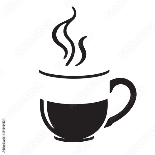 A black vector illustration of a steaming cup filled with a dark beverage, featuring a simple handle.