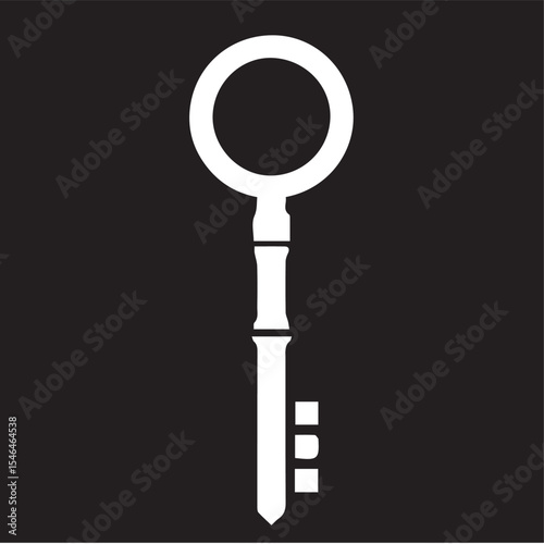 A white vector silhouette of an old-fashioned skeleton key with a circular bow, on a black background.