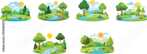 green fields along the canal countryside set vector illustration
