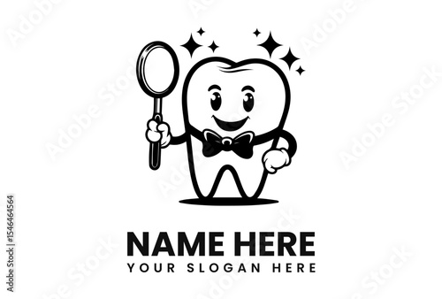 A cartoon tooth, wearing a bowtie, holding a magnifying glass,  designed as a dental logo.