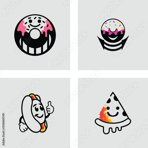 Delightful Food Icons Donuts, Pizza, and Hot Dogs Illustrations