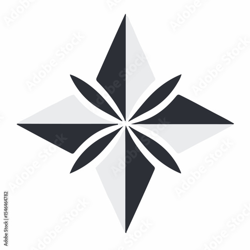 A geometric vector design of a compass rose or star shape with alternating dark and light gray pointed segments radiating from the center.