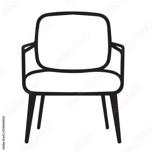 A black outline vector illustration of a modern armchair with a padded seat and backrest, and sleek legs.