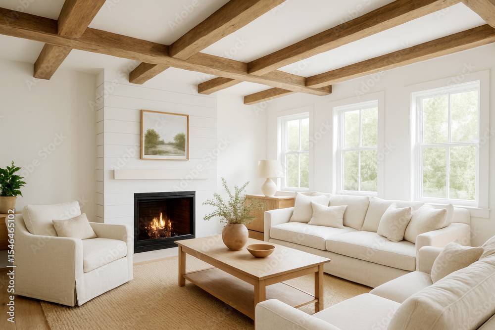 Fototapeta premium Cozy Living Room With Natural Light, a Fireplace, and Wooden Beams in a Modern Home