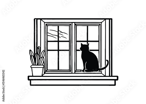 Silhouette of cat sitting on windowsill isolated on a white background