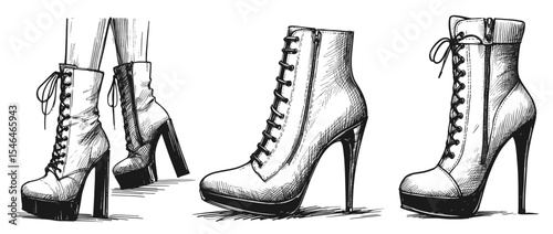 Elegance in Lines: High-Heeled Boot Vector vintage linework ink sketch hand drawn pen drawing vector illustration background