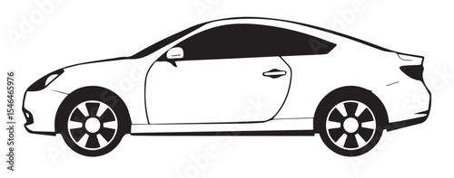 A black and white vector illustration of a coupe car in profile, featuring smooth lines and tinted windows.