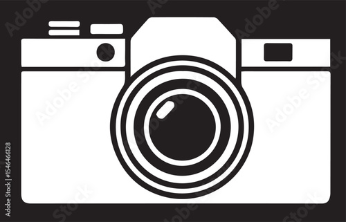 A white vector illustration of a simple camera outline with a lens, flash mount, and viewfinder, set against a black background.