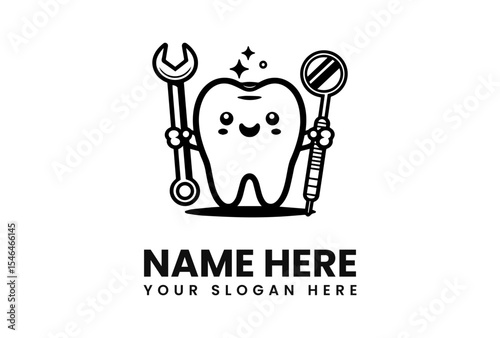 A cute cartoon tooth character proudly holds dental tools, symbolizing dental care and repair.