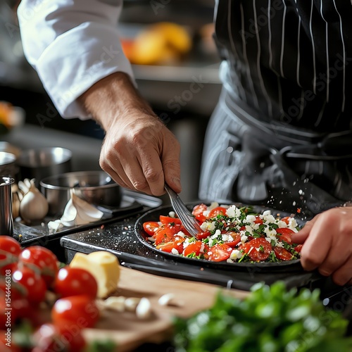 A chef prepares a fresh salad, combining vibrant tomatoes and herbs in a bustling kitchen. Perfect for anyone interested in culinary arts or healthy cooking.