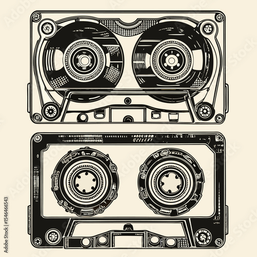 Retro Audio Cassette Tapes in Black and White Vector Illustration