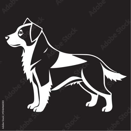 A white vector silhouette of a standing dog with distinctive markings, shown in profile against a black background.