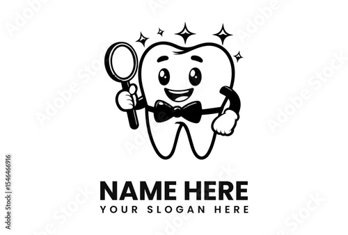 A charming cartoon tooth, wearing a bow tie, holds a magnifying glass and gives a thumbs-up, symbolizing dental care.