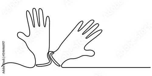 One continuous line drawing of medical gloves. vector illustration, Medical protective gloves continuous one line vector drawing. Isolated white background, hygiene supplies, medical surgical glove. 