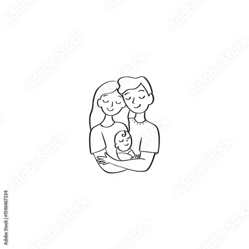 Happy family portrait with newborn baby line art illustration vector