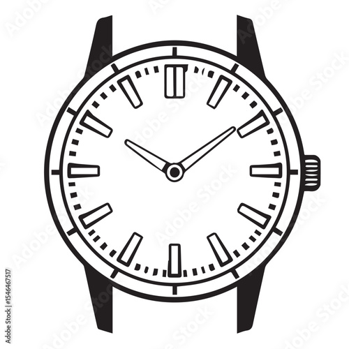A black and white vector illustration of a wristwatch face with hour and minute hands, markers, and a visible crown.