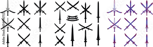 Silhouetted and Colorful Sword Arrangements A Visual Display of Weaponry in Various Formations and Styles Against White Backdrop, sword, weapon, silhouette, crossed swords, blade