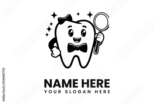 A cheerful cartoon tooth character with a bow tie and a magnifying glass, ready to examine.